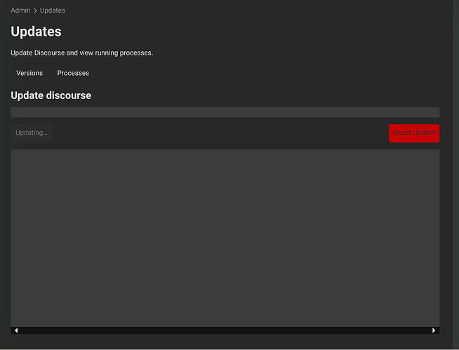 Una página web de tema oscuro muestra una sección de 'Actualizaciones' para Discourse, con opciones para ver procesos en ejecución y actualizar el software, con un botón destacado de 'Restablecer actualización'. (Subtitulado por IA)