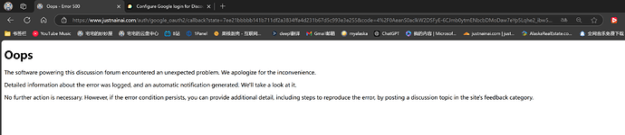 The screenshot shows a webpage with an "oops" error message indicating that the software powering the discussion forum encountered an unexpected problem and a notification has been generated. (Captioned by AI)