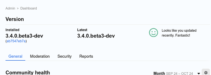 يعرض الرسم البياني لوحة معلومات لتحديث صحة المجتمع، مع إظهار "الإصدار" كـ "3.4.0.beta3-dev". (تم التعليق بواسطة الذكاء الاصطناعي)