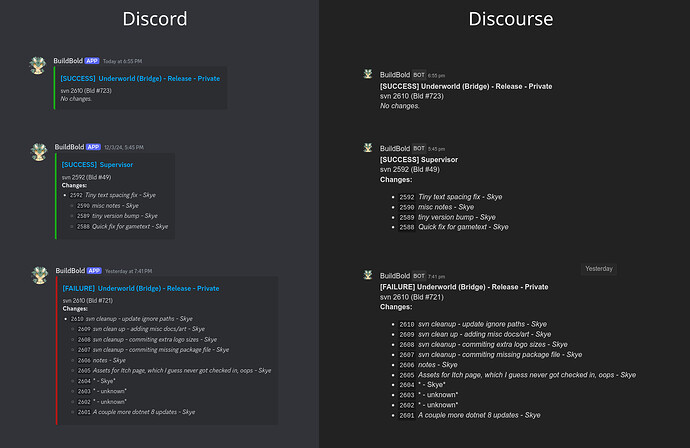 Das Bild zeigt zwei Screenshots nebeneinander, einen mit der Bezeichnung „Discord“ und den anderen mit der Bezeichnung „Discourse“, die beide Nachrichten von einem Bot namens „BuildBold“ mit unterschiedlichem Inhalt und Formatierung enthalten. (Beschriftet von KI)