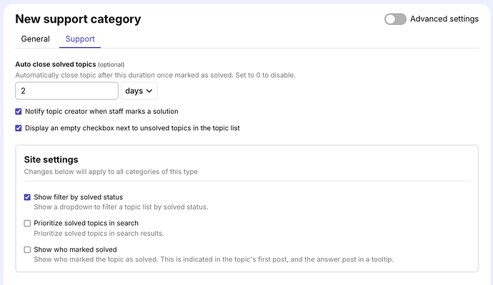The Support tab shows all the settings that are preconfigured for this category type.