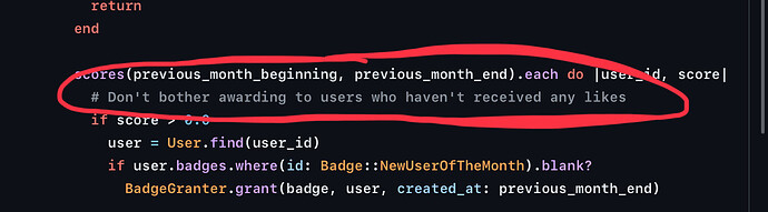 The image shows a snippet of Ruby code with a comment indicating not to award something to users who haven't received any likes. (Captioned by AI)