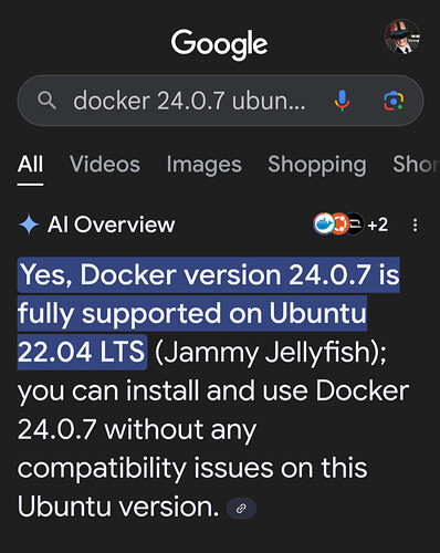 L'image affiche un résultat de recherche Google indiquant que Docker 24.0.7 est entièrement pris en charge sur Ubuntu 22.04 et peut être utilisé sans problèmes de compatibilité. (Légendé par l'IA)