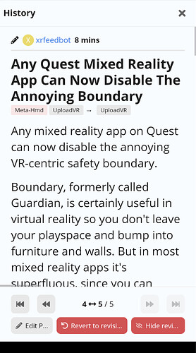 La imagen muestra un artículo de noticias o una actualización que indica que cualquier aplicación de realidad mixta en el casco de realidad virtual Quest ahora puede desactivar la molesta función de seguridad de límites, anteriormente llamada Guardian, que ayuda a evitar que los usuarios choquen con objetos físicos mientras están inmersos en experiencias de RV. (Subtitulado por IA)