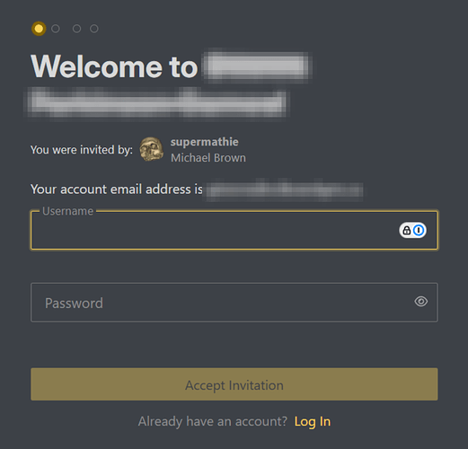 Questa immagine mostra una schermata di accesso in cui un utente, Michael Brown, è invitato a creare un account da qualcuno di nome supermathie, con campi per nome utente e password, e opzioni per accettare l'invito o accedere. (Didascalia dell'IA)