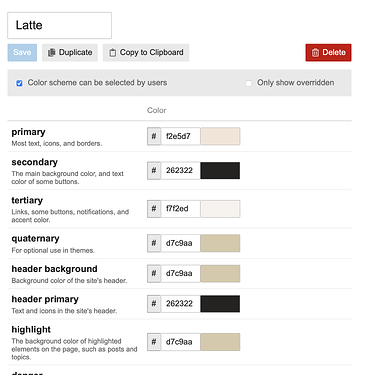 Configurations de la palette de couleurs