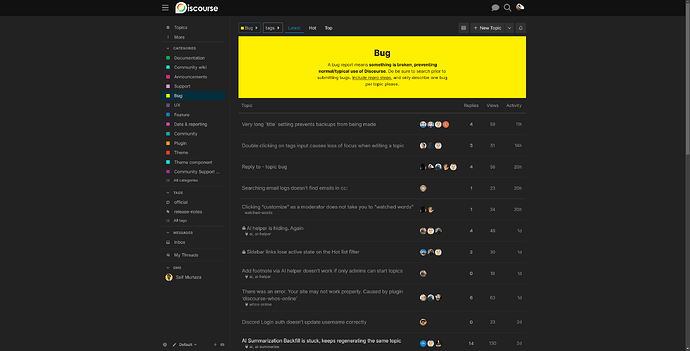 The image is a screenshot of a Discord bug tracker on https://github.com, displaying a list of bug reports with various assigned states and tags. (Captioned by AI)