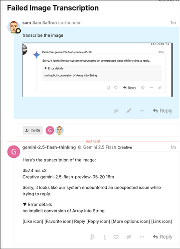 Esta captura de pantalla muestra un mensaje de error del sistema Gemini AI al intentar transcribir una imagen, mostrando detalles técnicos sobre un error del sistema e incluyendo elementos conversacionales como opciones de invitación y respuesta. (Subtitulado por IA)