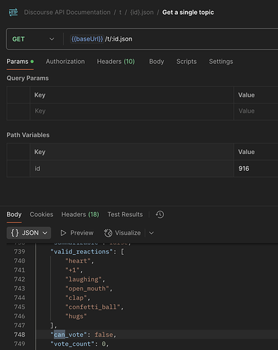 Un'interfaccia API di Discourse che mostra una richiesta GET per recuperare i dati di un singolo argomento con campi di risposta script specifici. (Didascalia dell'IA)