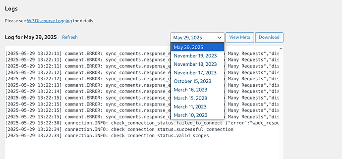 A screenshot of a Discord logs page on May 29, 2025, shows recurring "syntax comments" errors and mentions "Many Requests" while downloading spreadsheets. (Captioned by AI)