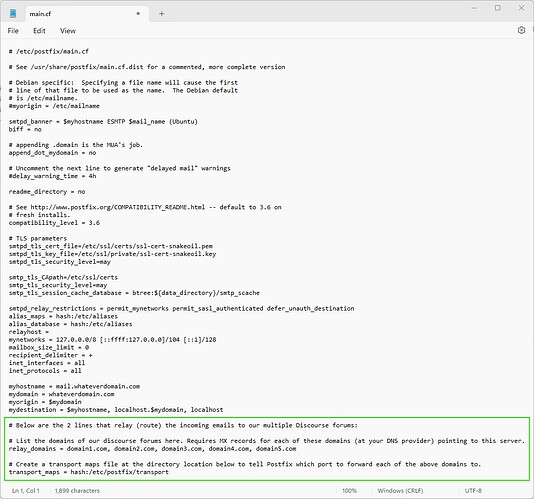 L'immagine mostra una finestra di un editor di testo che visualizza uno script di configurazione nel file "main.cf" per un forum Discourse, che include istruzioni per l'instradamento delle e-mail a più forum Discourse e un requisito per creare un file di mappa di trasporto. (Didascalia dell'IA)