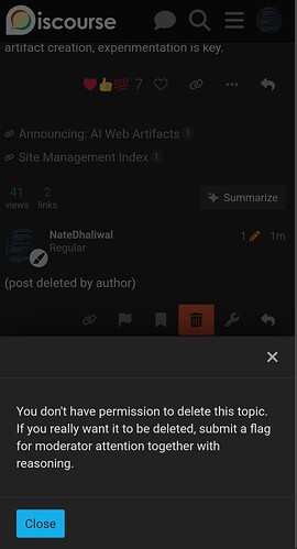 Uno screenshot mobile che mostra una notifica su un forum Discourse in cui l'utente non ha il permesso di eliminare un argomento e istruzioni su come inviare una segnalazione per l'attenzione del moderatore. (Sottotitolato dall'IA)
