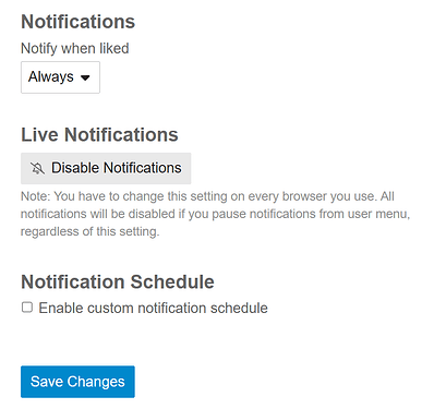 Questo screenshot mostra una pagina delle impostazioni per la gestione delle notifiche, che consente agli utenti di personalizzare quando e come ricevere avvisi, con opzioni per notificare sempre, disabilitare le notifiche live e impostare una pianificazione personalizzata. (Didascalia dell'IA)