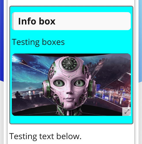 A imagem exibe a cabeça de um robô futurista, acompanhada pelo texto "Testing text boxes" e um prompt para o usuário "Testing text below. (Legenda da IA)