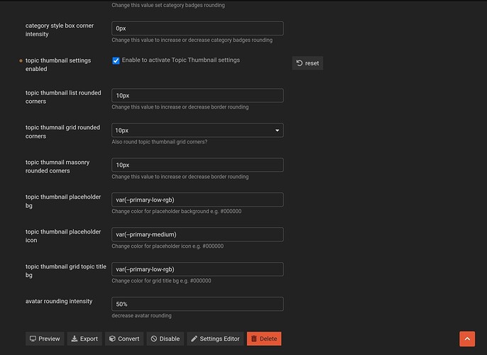 Esta imagem exibe uma interface de configurações com várias opções e campos de entrada para personalizar aspectos visuais como arredondamento de selos de categoria, estilos de miniaturas, cores de espaço reservado e intensidade de arredondamento de avatares para uma determinada aplicação ou site. (Legenda por IA)