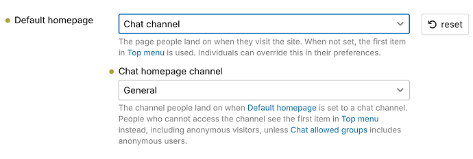 Discourse chat channel homepage settings
