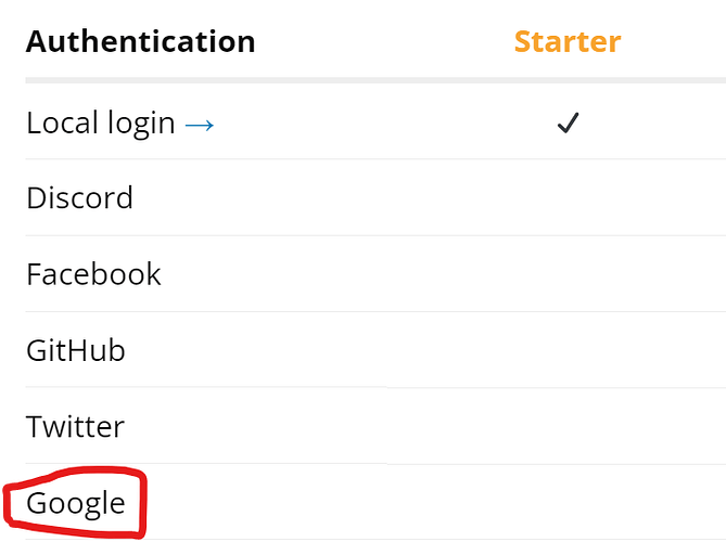 L'immagine mostra una selezione di opzioni di autenticazione, con "Google" evidenziato in rosso tra altri metodi come Discord, Facebook, GitHub, Twitter e login locale. (Didascalia dell'IA)