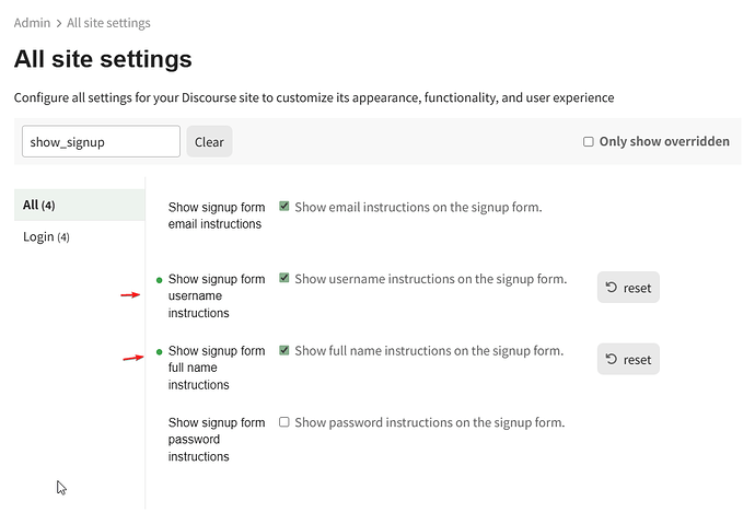 The image shows the "All site settings" page for configuring Discord sign-up options, including login, email, username, full name, and password instructions. (Captioned by AI)