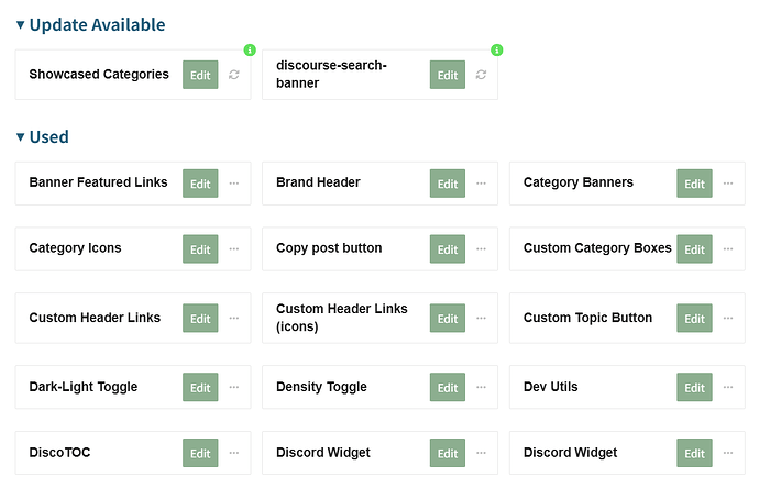 L'image montre une liste d'outils et de fonctionnalités en ligne disponibles pour l'édition, y compris des sections telles que "Utilisé", "Mise à jour disponible" et "Bannières de catégorie", avec des options telles que "En-tête de marque", "Icônes de catégorie" et "Liens d'en-tête personnalisés". (Légendé par l'IA)