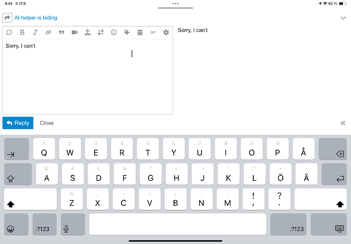 L'image montre un écran d'ordinateur avec une interface de messagerie, un clavier et une zone de texte indiquant « Désolé, je ne peux pas ». (Légendé par l'IA)