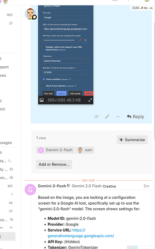 The image shows a configuration screen for a Google AI tool named "Gemini 2.0 Flash," detailing its model ID, service URL, API key, and settings. (Captioned by AI)