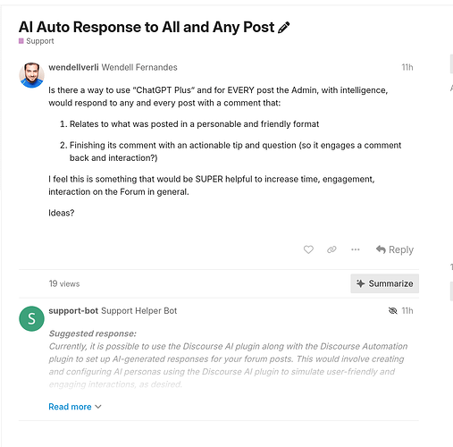 Un utente di nome Wendell Ferran discute su come migliorare l'interazione del forum automatizzando le risposte, e il bot di supporto suggerisce di utilizzare un plugin Discourse AI. (Sottotitolato dall'IA)