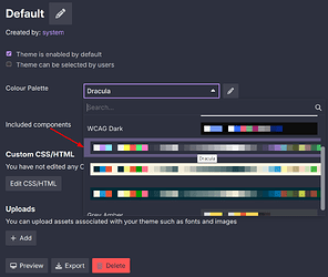 The image shows a user interface for theme customization with a "Dracula" palette selection and various color and component customization options. (Captioned by AI)