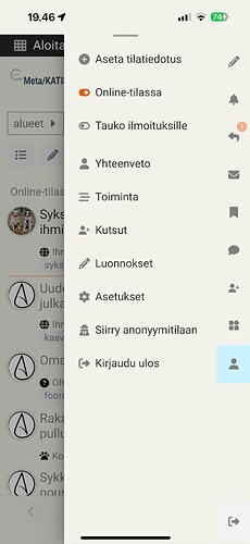 A imagem mostra a interface de um aplicativo móvel com texto em finlandês e várias opções de menu, incluindo configurações, notificações e informações de perfil do usuário. (Legenda da IA)