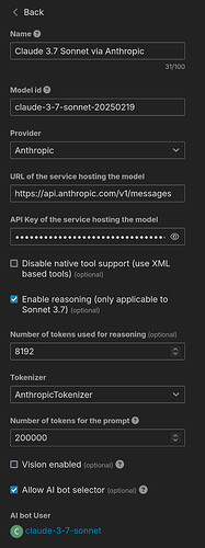 A imagem mostra as configurações de um serviço de IA, chamado Claude 3.7 Sonnet via Anthropic, incluindo detalhes do provedor, chave de API, configurações de token e opções para desabilitar ferramentas nativas e habilitar raciocínio. (Legenda por IA)