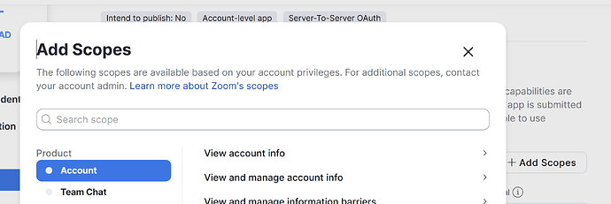 This is a screenshot of the "Add Scope" feature from the Zoom web client, showing a dialog box with fields for product name, team name, and account name.  (Captioned by AI)