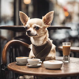 A chihuahua savoring a cup of espresso, eyes closed in delight, seated at a small cafe table
