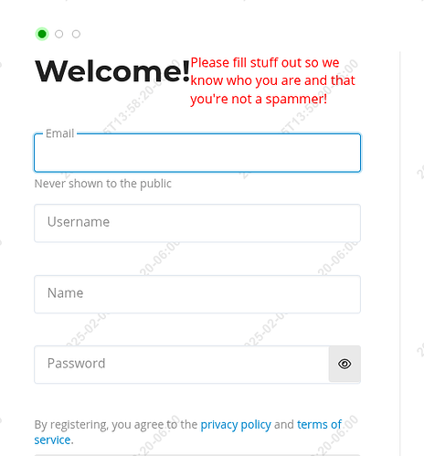 L'image montre un formulaire d'inscription sur un site Web demandant un e-mail, un nom d'utilisateur, un nom et un mot de passe, avec un message d'avertissement indiquant qu'il est conçu pour détecter les spammeurs. (Légendé par l'IA)