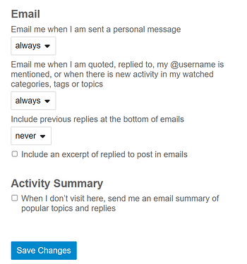 Uno screenshot mostra le impostazioni di notifica e-mail, che consentono agli utenti di personalizzare gli avvisi per messaggi personali, menzioni e attività, insieme alle opzioni per includere risposte precedenti e un riepilogo delle attività. (Didascalia dell'IA)