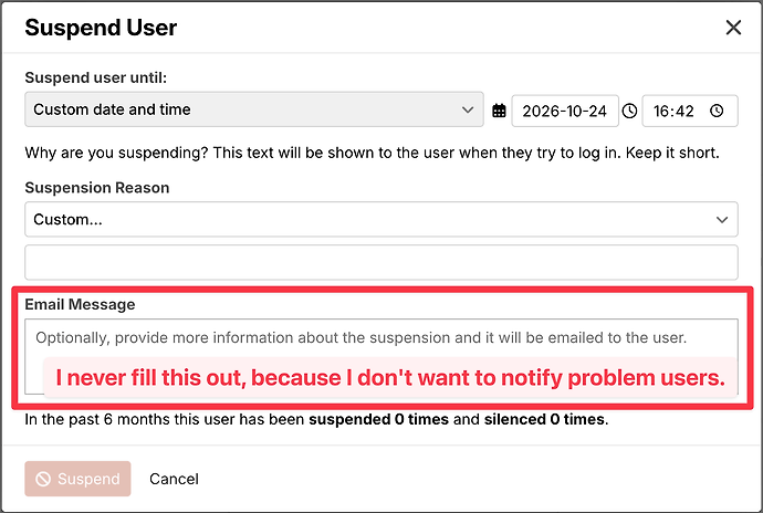 user suspension form with email message box highlighted