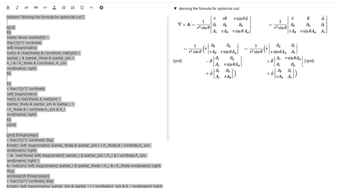 The image displays a complex mathematical formula and derivation process, likely related to spherical coordinates and vector calculus, presented in a code-like format with various symbols and equations. (Captioned by AI)