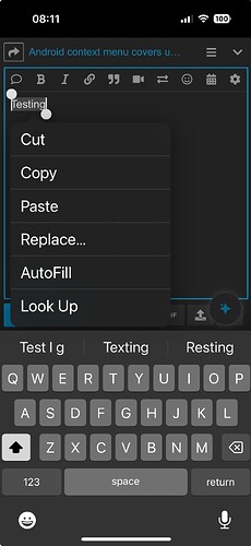 Ceci est une capture d'écran d'une interface de smartphone montrant un clavier avec un tableau d'options de texte et de menu contextuel, avec un effet d'ombre portée. (Légendé par l'IA)
