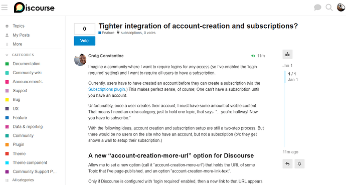 The screenshot is from a forum discussion on the Discourse platform about integrating account creation and subscription settings. (Captioned by AI)