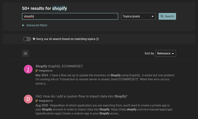A imagem mostra uma página de resultados de pesquisa para o termo "shopify" em um site, exibindo várias postagens e uma mensagem indicando que nenhum tópico correspondente foi encontrado, com os tópicos classificados por relevância. (Legenda por IA)