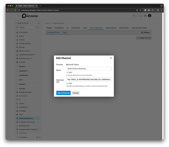 Actualizar los campos Nombre y URL del webhook y hacer clic en "Guardar canal".