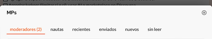 Das Bild zeigt ein Internetbrowserfenster mit einer Benutzeroberfläche zur Verwaltung von Moderatoren, die Optionen wie 'nautas' (reguläre Benutzer), 'ecentes' (aktuell), 'enviados' (gesendet), 'nuevos' (neu) und 'en leer' (ungelesen) auf Spanisch anzeigt, einschließlich 'oderadores' (Moderatoren) mit einer hervorgehobenen roten Anzahl von zwei, umgeben von Kontrollkästchen und einem Kreuzsymbol. (Beschriftet von KI)