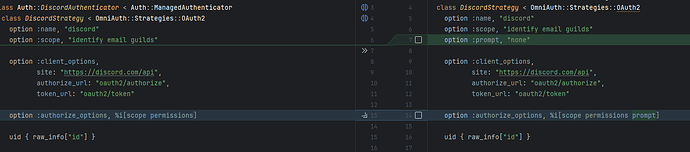 The image shows a code snippet defining a  related to Discord authentication on OmniAuth and how to authorize using a strategy. (Captioned by AI)