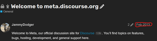 The image shows a screenshot of a message on the message board meta.discourse.org, which was posted in February 2013. (Captioned by AI)