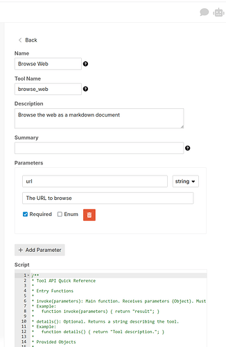 La imagen muestra una página de configuración de herramientas con un formulario para funcionalidades de "Navegar por la web", que incluye un resumen, parámetros y secciones de script, incluido un campo de entrada para una URL. (Subtitulado por IA)
