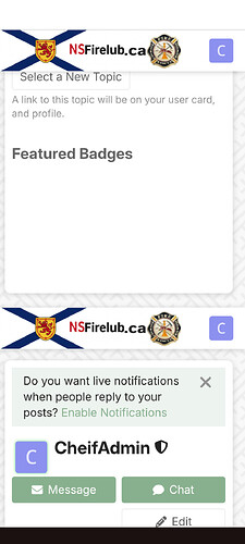 A imagem mostra uma página do Facebook com um banner para NSFirelub.ca e uma postagem de CheifAdmin solicitando aos usuários que ativem alertas de notificação ao vivo para respostas. (Legenda da IA)