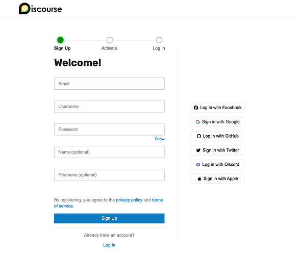L'image est une page d'inscription plein écran pour Discourse sur un appareil de bureau.