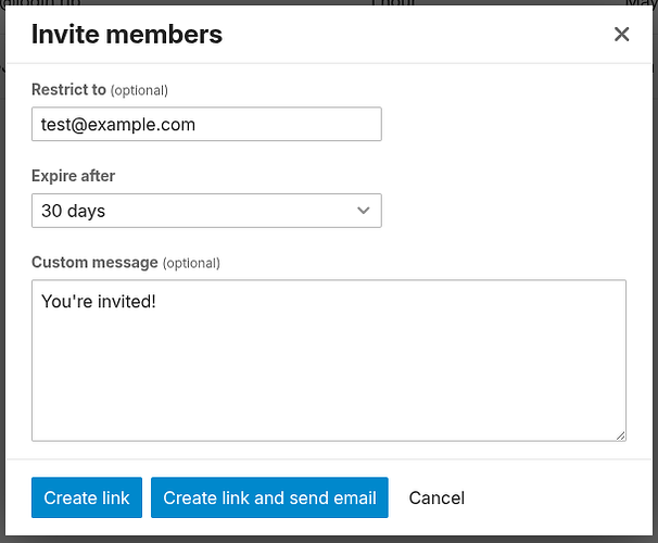 Un'interfaccia utente per invitare membri, con opzioni per limitare gli invitati, impostare una data di scadenza, comporre un messaggio personalizzato e creare e inviare un link di invito. (Sottotitolato dall'IA)