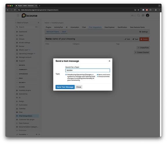 Buscar un tema y hacer clic en "Enviar mensaje de prueba".