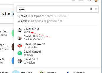 L'immagine mostra un'interfaccia utente con una barra di ricerca contenente il nome "david", un elenco di risultati di ricerca con nomi utente e nomi reali e una freccia rossa che punta a uno dei nomi, evidenziando la selezione. (Didascalia dell'IA)