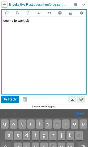 L'immagine mostra uno screenshot di un'app mobile che visualizza un messaggio che dice "Sembra che Rust non applichi determinate pratiche di sicurezza", con una tastiera in basso. (Didascalia dell'IA)