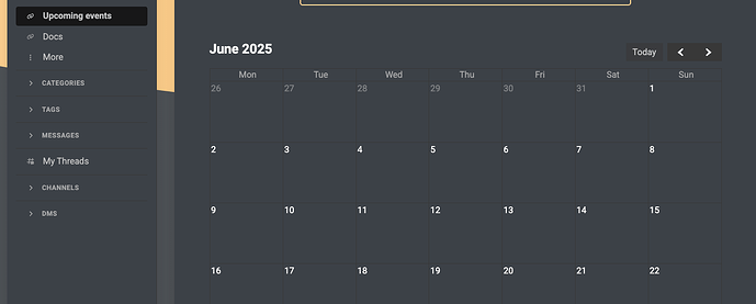 Un affichage de calendrier à thème sombre montrant juin 2025 avec les événements à venir et les options de navigation. (Légendé par l'IA)